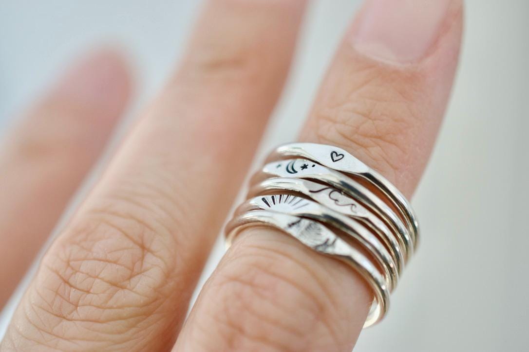 Moon and Stars Ring - Sterling Stacking Ring - Signet Ring
