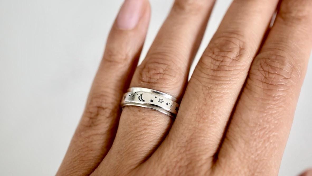 Moon and Sun Spinner Ring - Sterling Silver Stars Fidget Ring