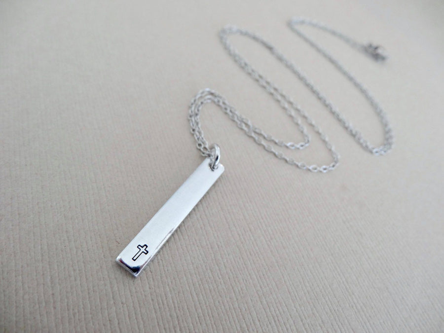 Cross Necklace | Stamped Bar Necklace