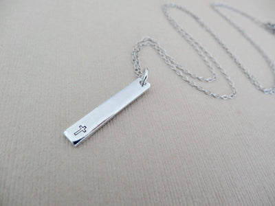 Cross Necklace | Stamped Bar Necklace, Side View