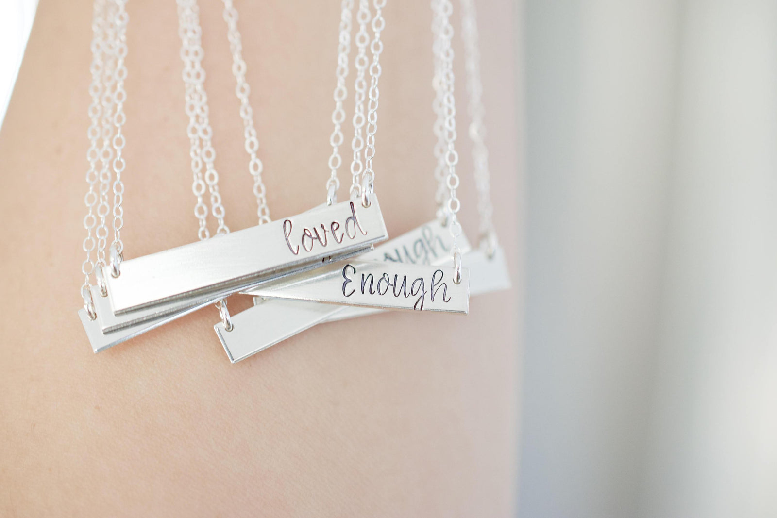 Roman Numeral Bar Necklace, close up of sterling