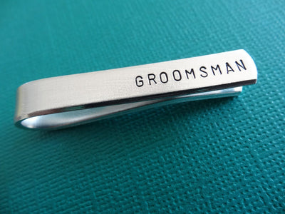 Groomsman Tie Clip | Hand Stamped Tie Bar, Angle View