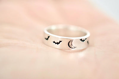 Moon and Bats Ring - Sterling Ring - Halloween Jewelry