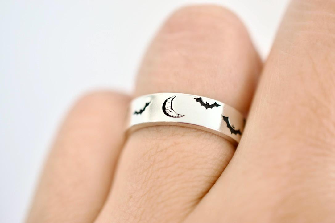 Moon and Bats Ring - Sterling Ring - Halloween Jewelry