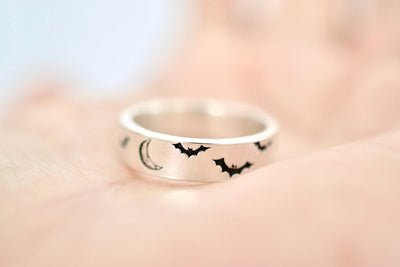 Moon and Bats Ring - Sterling Ring - Halloween Jewelry