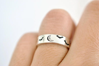 Moon and Bats Ring - Sterling Ring - Halloween Jewelry