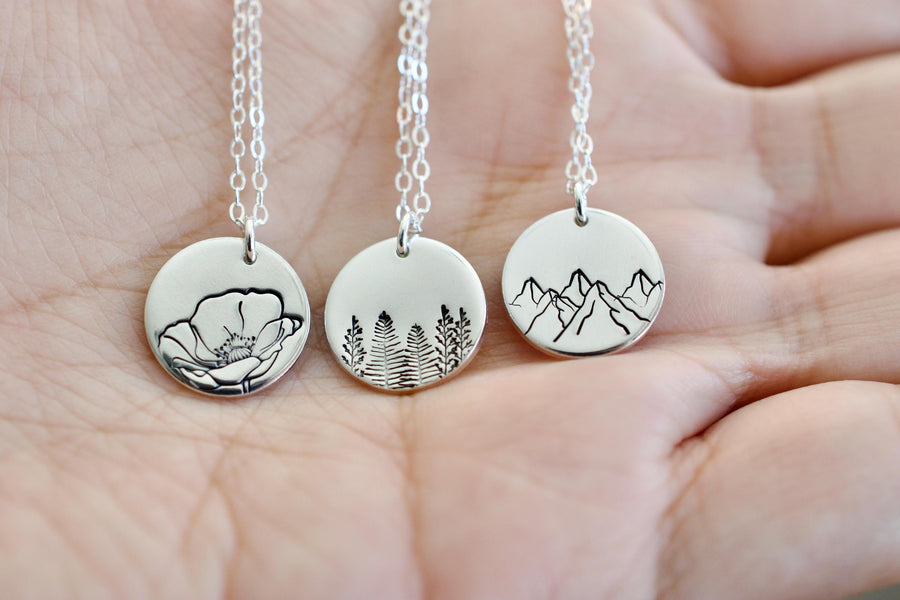 Nature Charm Necklace - Forest Poppy Mountain Charm Necklace