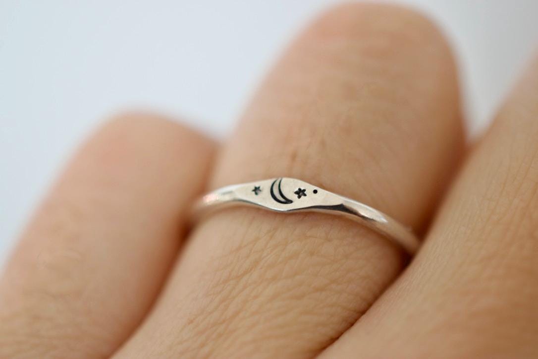 Moon and Stars Ring - Sterling Stacking Ring - Signet Ring