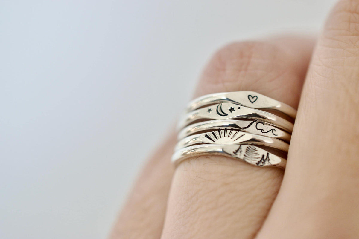 Moon and Stars Ring - Sterling Stacking Ring - Signet Ring
