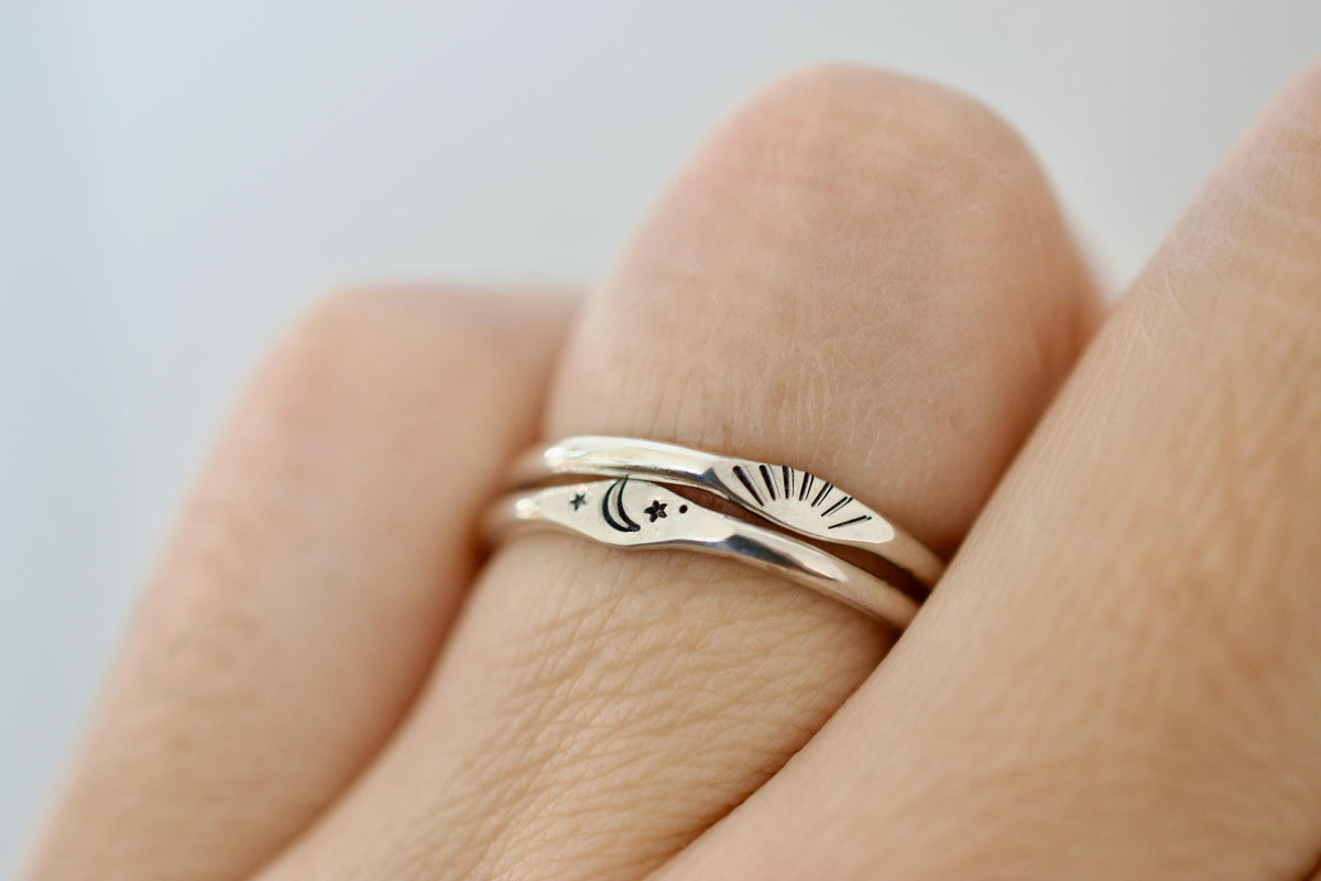 Moon and Stars Ring - Sterling Stacking Ring - Signet Ring