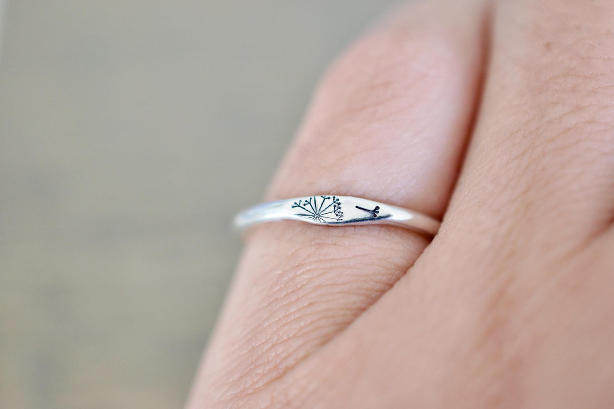 Dandelion Ring - Sterling Stacking Ring - December Signet Ring