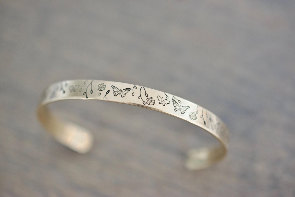 Butterfly Cuff Bracelet: Flower Jewelry, Adjustable Metal Cuff in Sterling, Copper, Brass or Aluminum