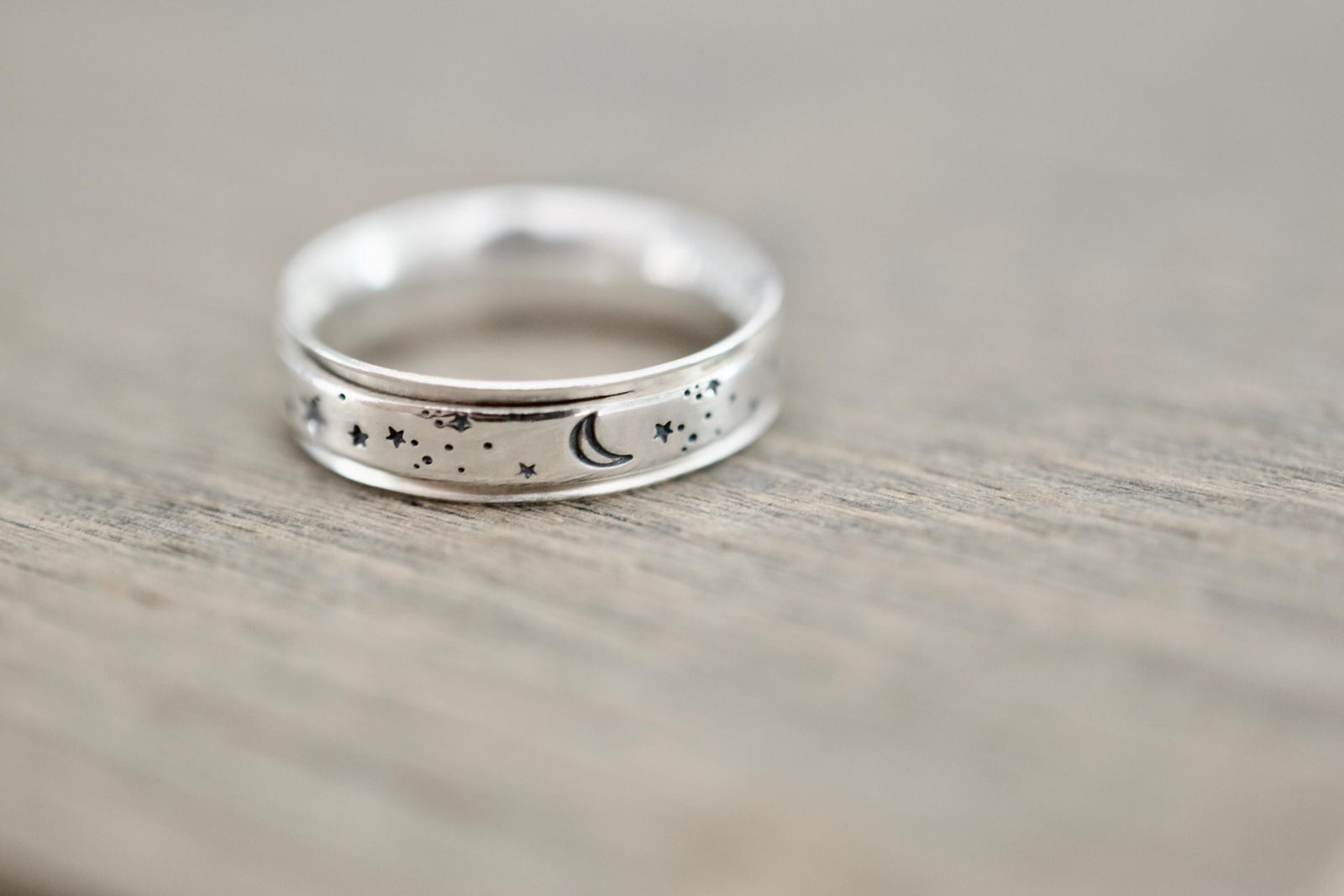 Moon and Sun Spinner Ring - Sterling Silver Stars Fidget Ring