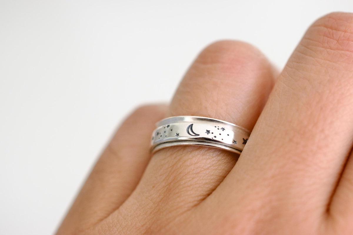 Moon and Sun Spinner Ring - Sterling Silver Stars Fidget Ring
