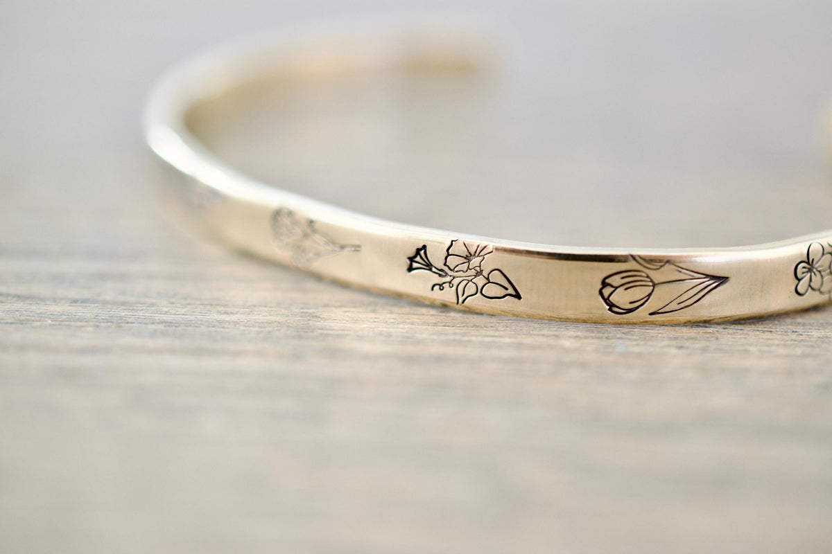 Personalized Birth Flower Bracelet - Custom Sterling Birthday Jewelry - 1/5 inch