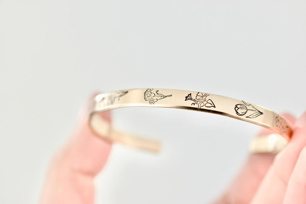 Personalized Birth Flower Bracelet - Custom Sterling Birthday Jewelry - 1/5 inch