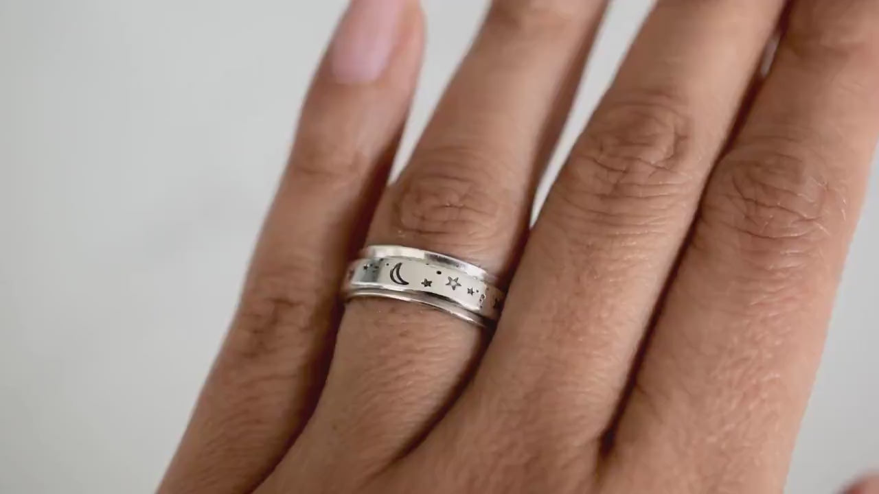 Moon and Sun Spinner Ring - Sterling Silver Stars Fidget Ring