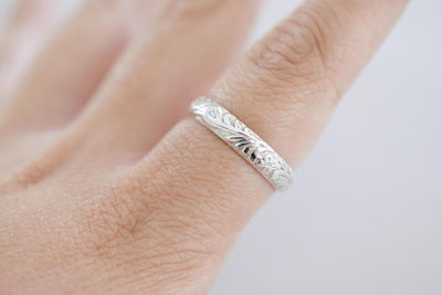 Floral Sterling Band Ring, zoom in on finger