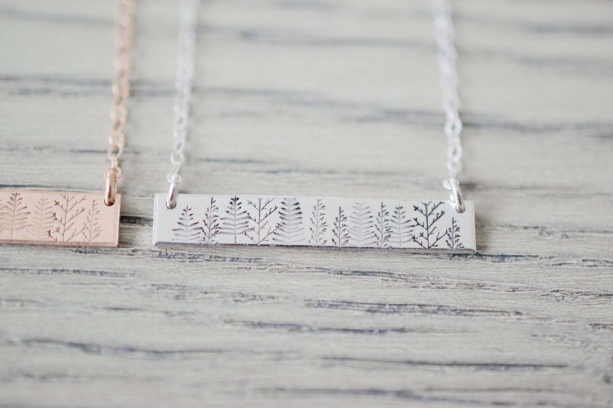 Forest Bar Necklace, close up silver