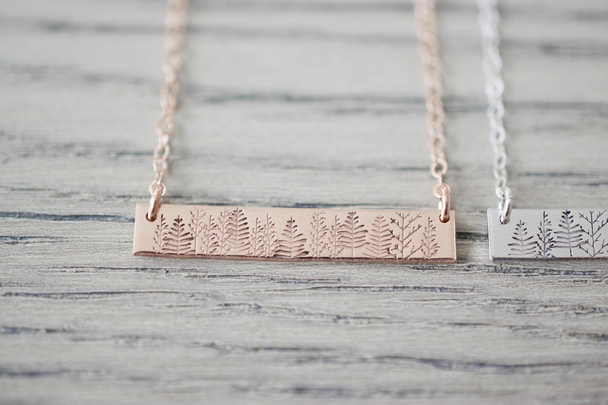 Forest Bar Necklace, close up rose gold