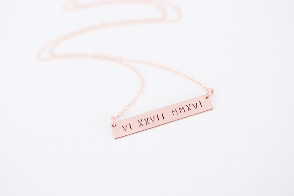 Roman Numeral Bar Necklace, close up