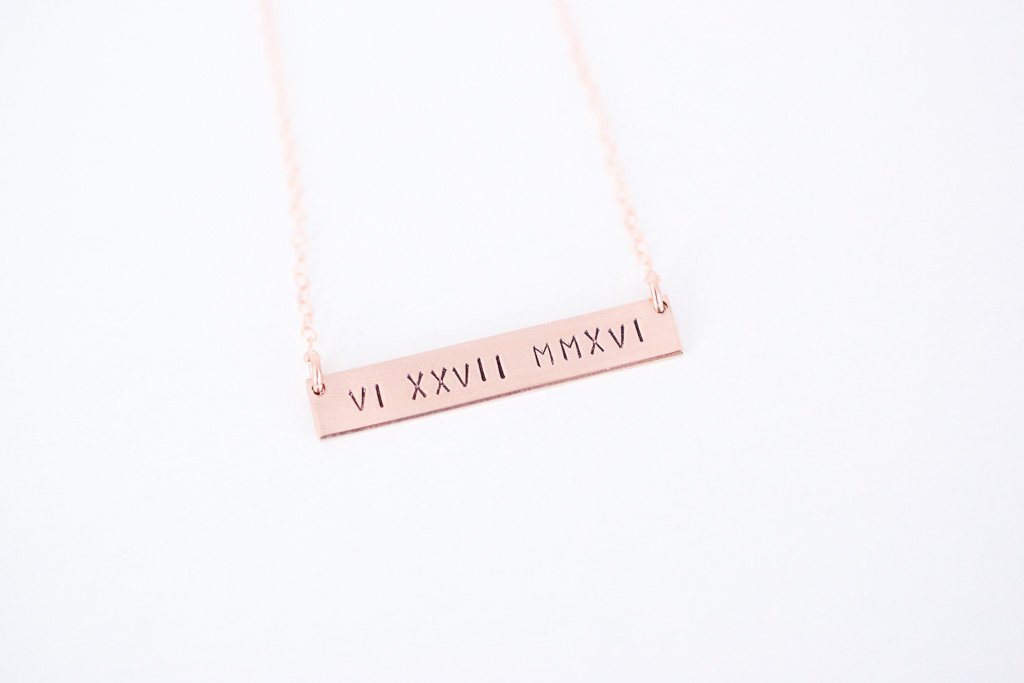 Roman Numeral Bar Necklace, close up