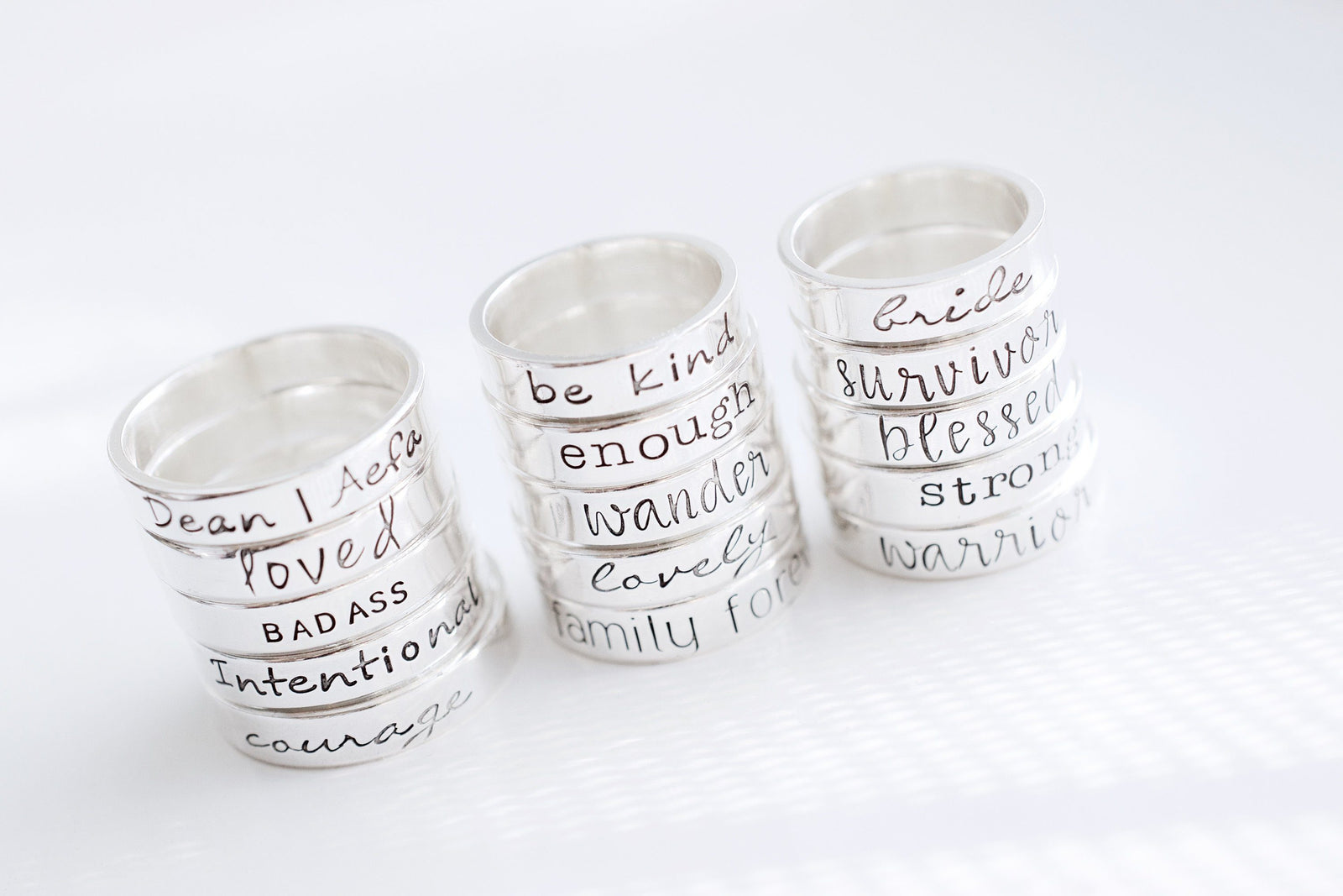 Bride Hand Stamped Ring, Three stacks of rings