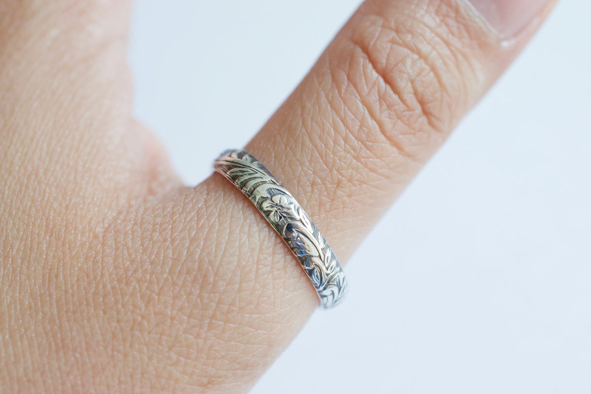 Floral Band Ring Darkened, on thumb