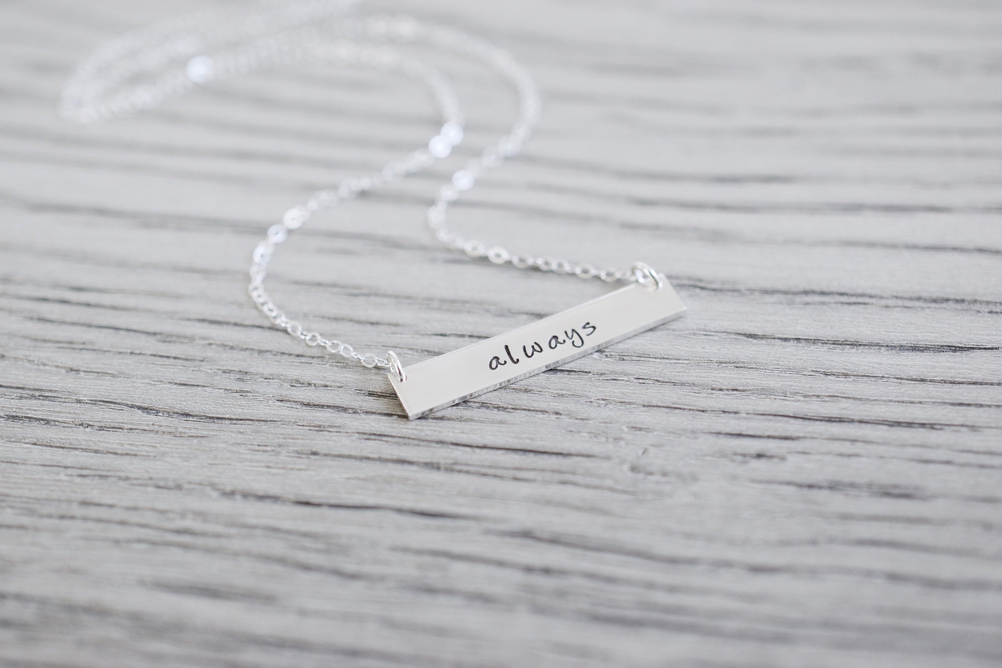 Always Bar Necklace | Sentimental Jewelry, close up