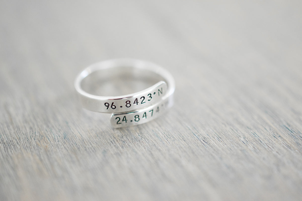 Coordinates Wrap Ring - Sterling Silver, Gold Filled, Rose Gold Filled Ring - Latitude Longitude Ring