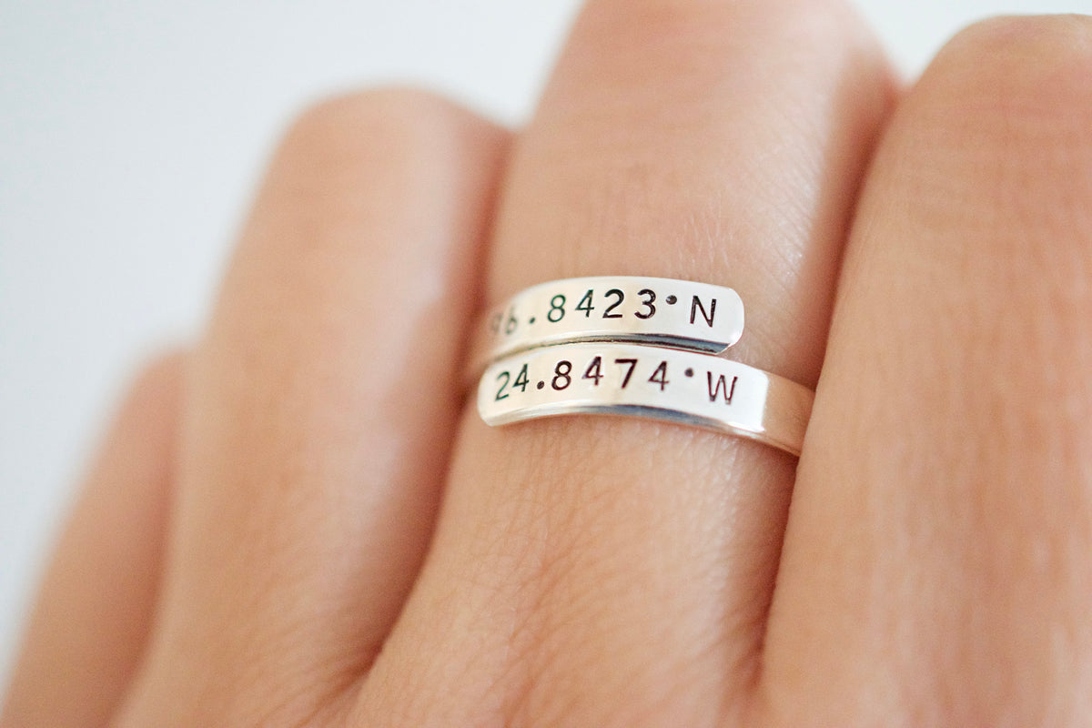 Coordinates Wrap Ring - Sterling Silver, Gold Filled, Rose Gold Filled Ring - Latitude Longitude Ring