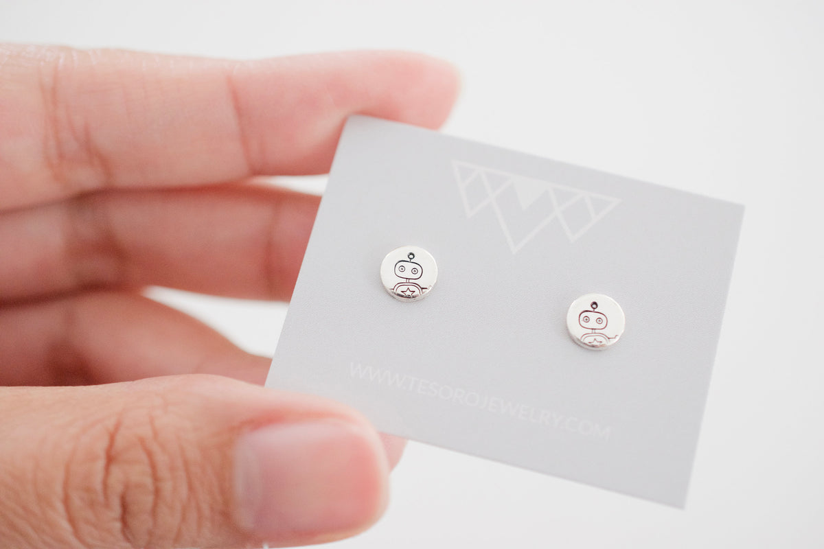 Robot Earrings - Sterling Robot Stud Earrings