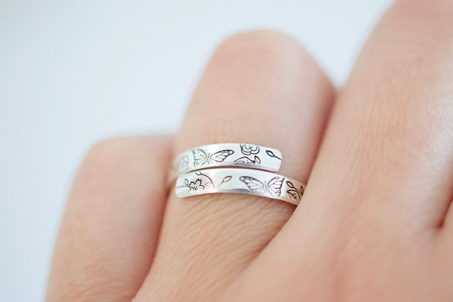 Butterfly Ring - Sterling Silver Floral Wrap Ring - Gift for Her