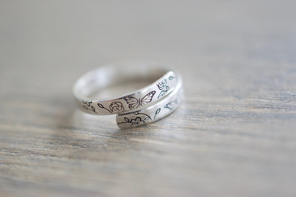 Butterfly Ring - Sterling Silver Floral Wrap Ring - Gift for Her