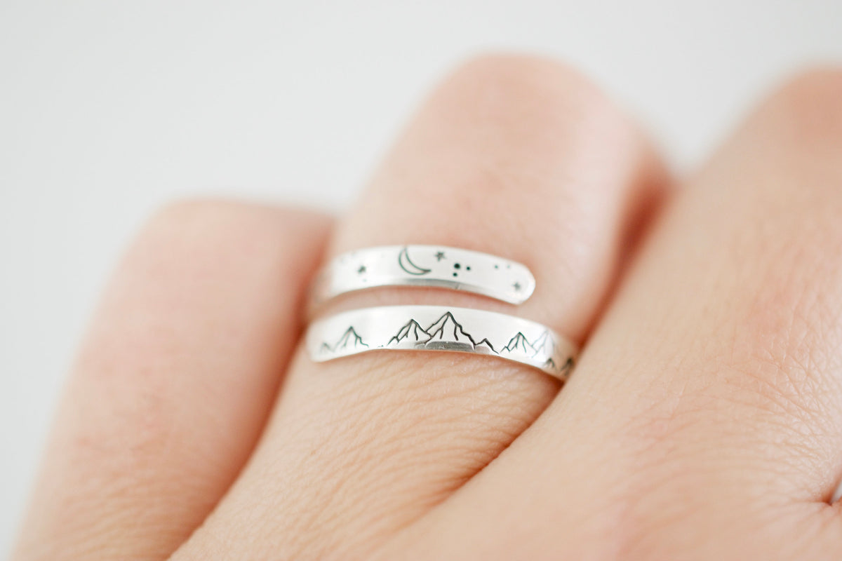 Mountain Wrap Ring - Sterling Silver Ring - Moon and Stars Ring