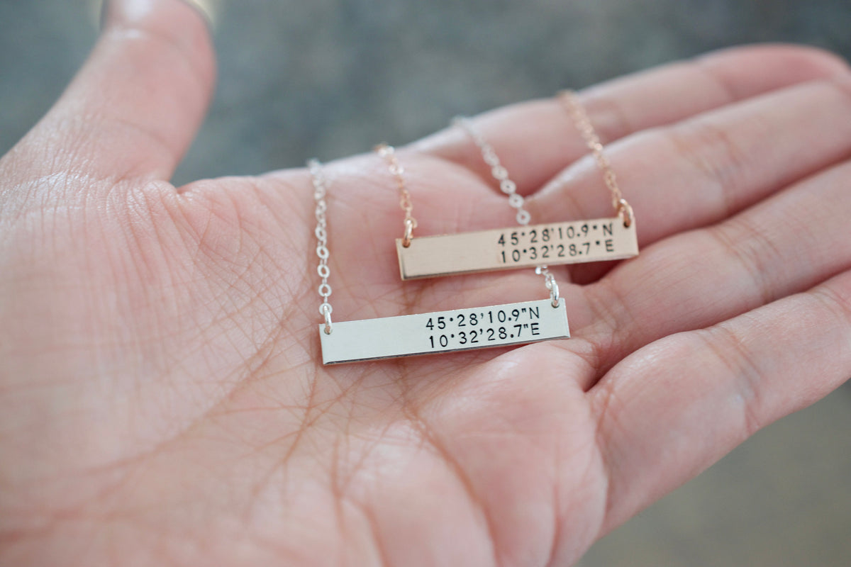 Coordinates Bar Necklace - Sterling, 14kt Gold Fill, Rose Gold - Latitude Longitude Necklace