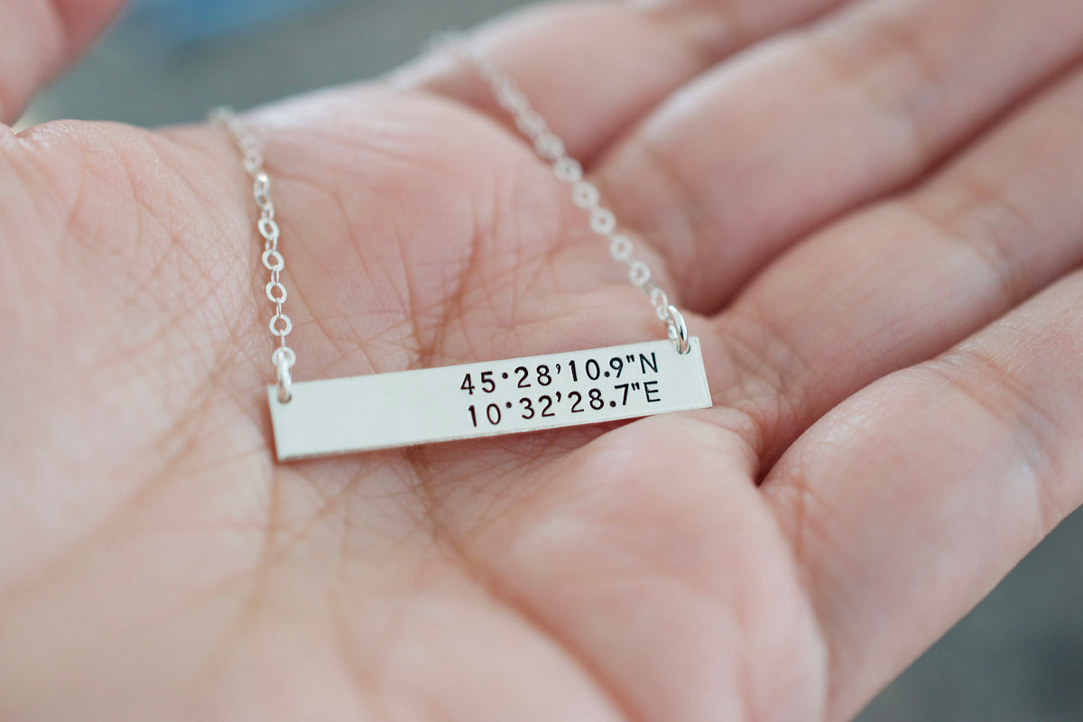 Coordinates Bar Necklace - Sterling, 14kt Gold Fill, Rose Gold - Latitude Longitude Necklace