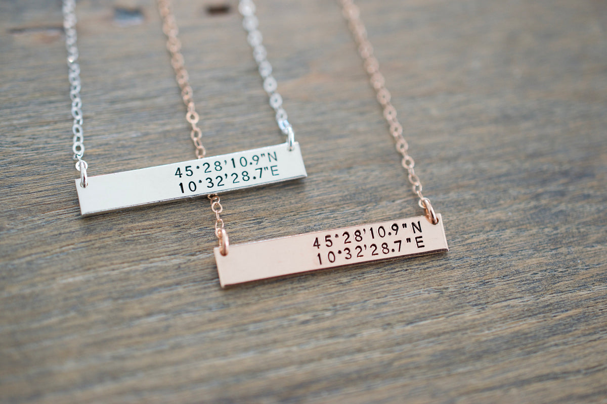 Coordinates Bar Necklace - Sterling, 14kt Gold Fill, Rose Gold - Latitude Longitude Necklace