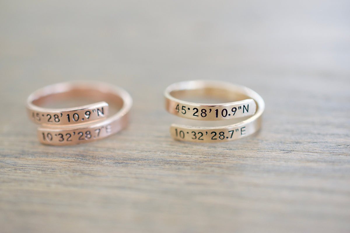 Coordinates Wrap Ring - Sterling Silver, Gold Filled, Rose Gold Filled Ring - Latitude Longitude Ring