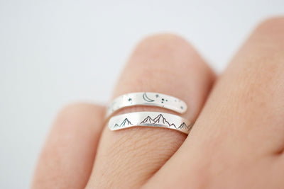 Mountain Wrap Ring - Sterling Silver Ring - Moon and Stars Ring