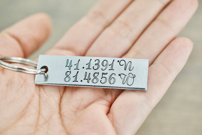 Latitude and Longitude Keychain - Custom Coordinate Keychain - Hand stamped Accessory