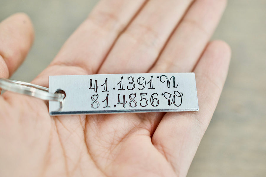 Latitude and Longitude Keychain - Custom Coordinate Keychain - Hand stamped Accessory