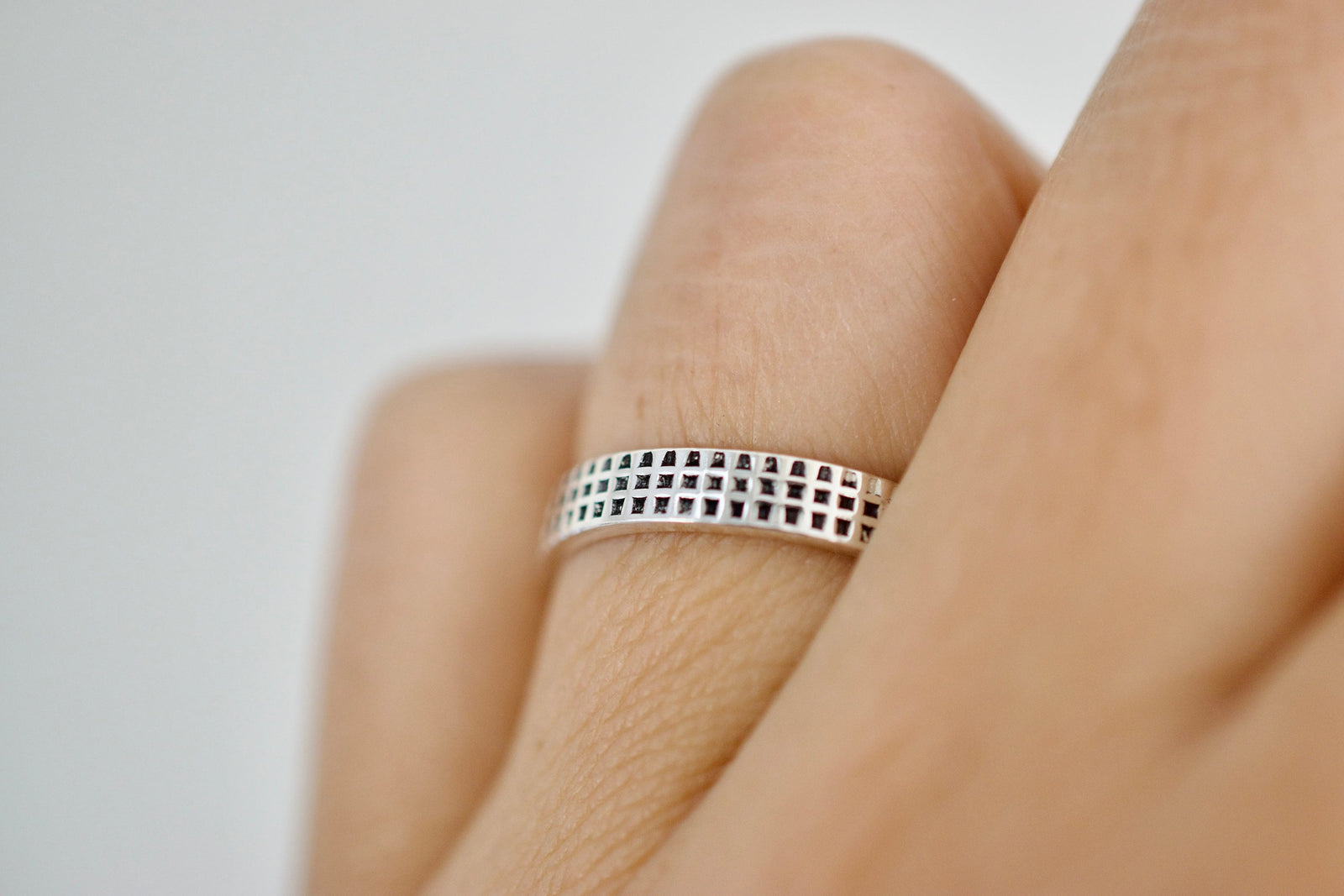 Checker Ring - Sterling Silver Ring - Checkered Pattern Band - Darkened or Neutral