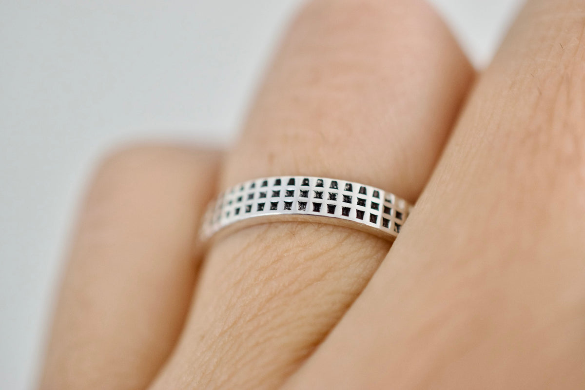 Checker Ring - Sterling Silver Ring - Checkered Pattern Band - Darkened or Neutral