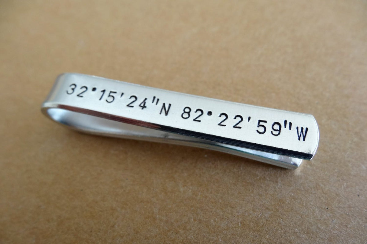 Coordinates Tie Clip, close up