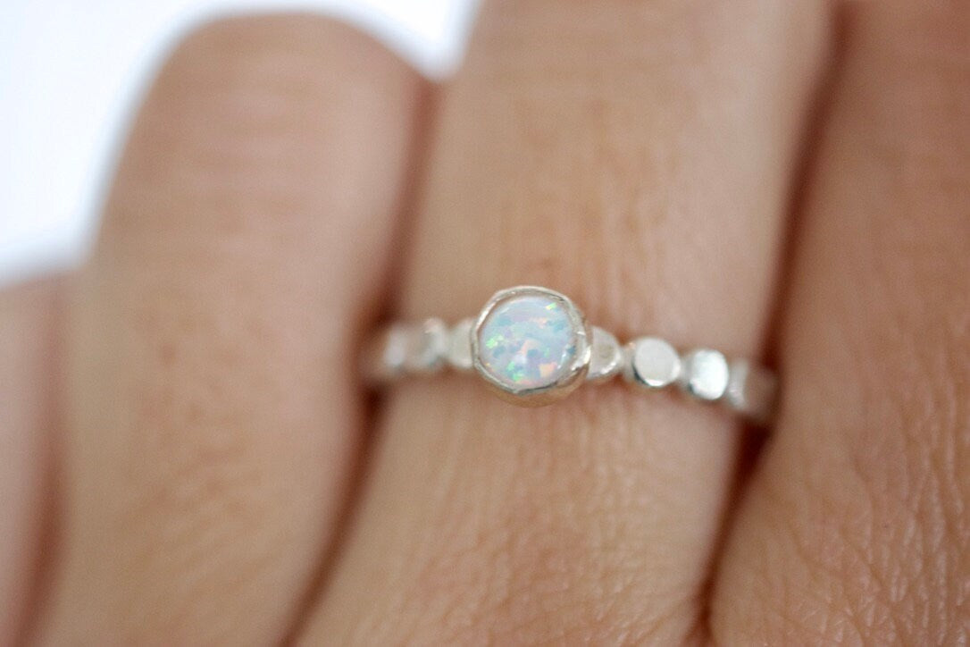 White Opal Sterling Gemstone Ring - October Birthstone