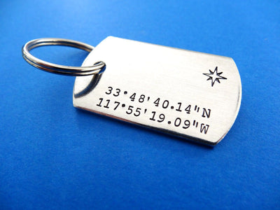 Coordinates Dog Tag Keychain | Custom Stamped Keychains