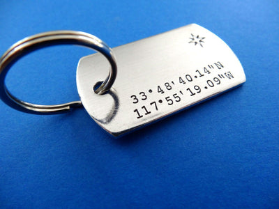 Coordinates Dog Tag Keychain | Custom Stamped Keychains, alternate angle